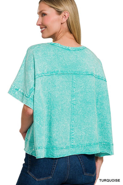 Turquoise Acid Washed Oversized Cropped Tee