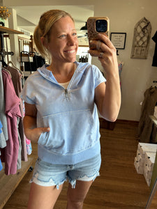 Light Blue Hooded Short Sleeve Half Zip