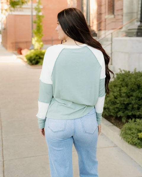 Sage Ribbed Color-Block Patchwork Raglan