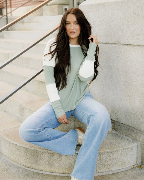 Sage Ribbed Color-Block Patchwork Raglan