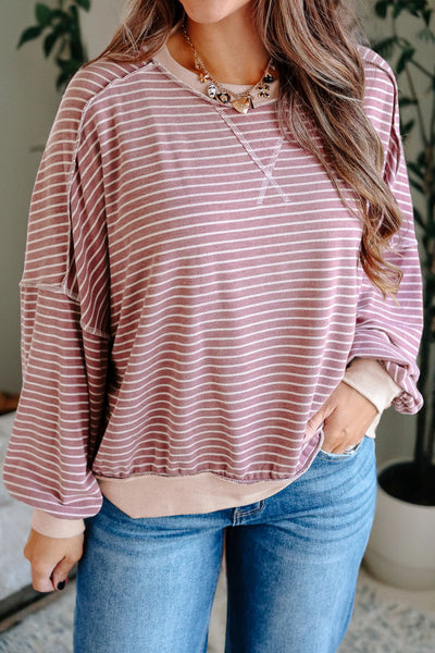 Dusty Mauve Stripe Exposed Stitching Long Sleeve Top