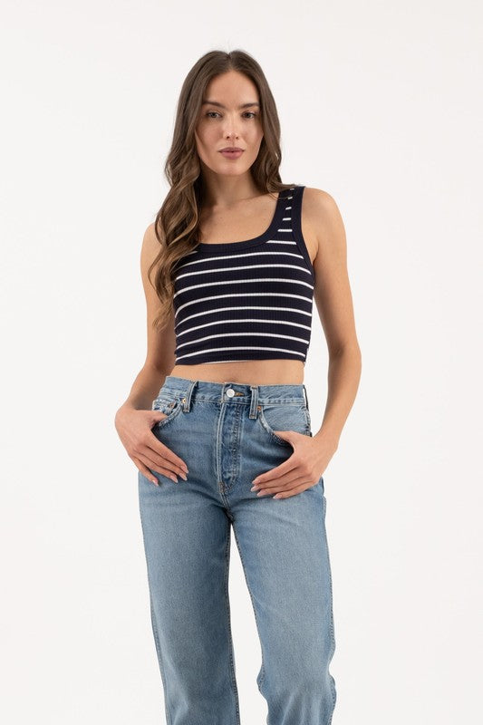 Navy & White Ribbed Cropped Tank