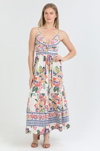 Cream Floral Twisted Front Cutout Maxi Dress