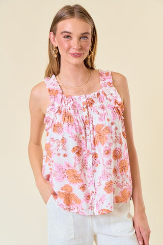 Apricot Floral Ruffle Tank Top