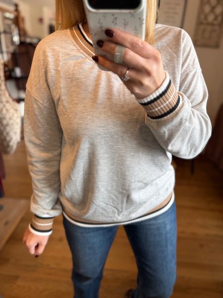 Grey Varsity Striped Trim V-Neck Sweatshirt