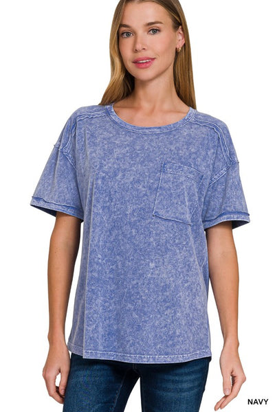 Navy Snow Washed Round Neck Tee