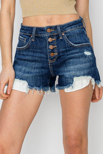 Risen Mid-Rise Button Fly Denim Shorts