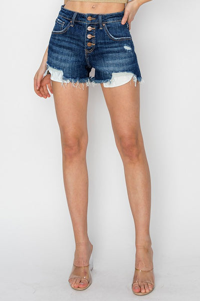 Risen Mid-Rise Button Fly Denim Shorts