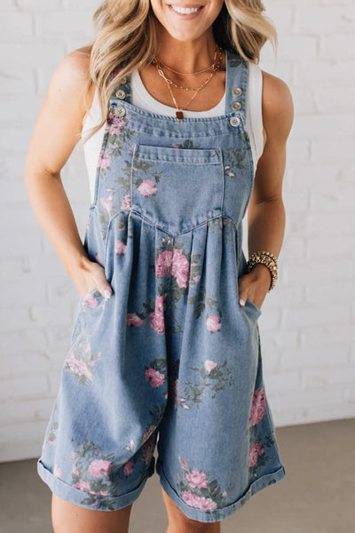Floral Print Denim Overalls