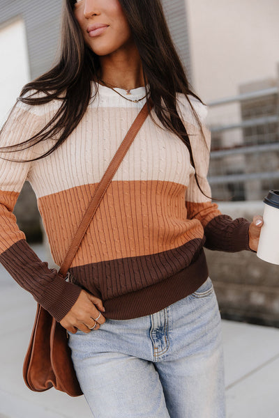 Latte Colorblock Cable Knit Sweater