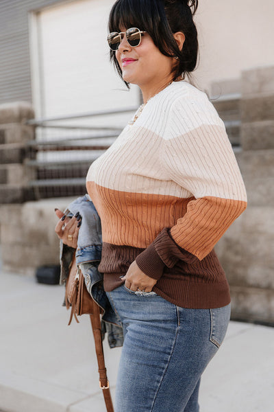Latte Colorblock Cable Knit Sweater