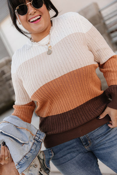 Latte Colorblock Cable Knit Sweater