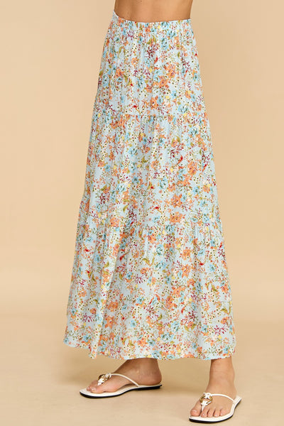 Sky Blue Floral Tiered Maxi Skirt