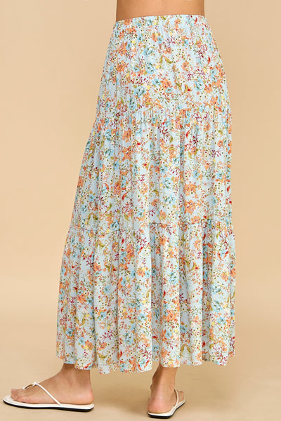 Sky Blue Floral Tiered Maxi Skirt