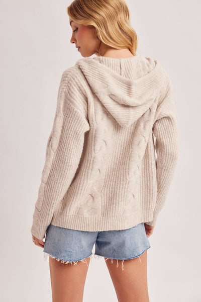 Oatmeal Zip-Up Cable Knit Sweater Cardigan With Hood