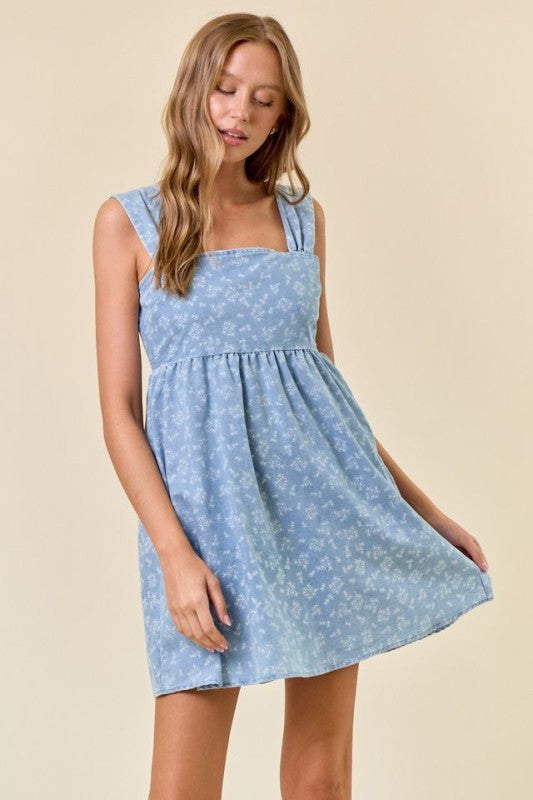 Light Denim Floral Chambray Mini Dress