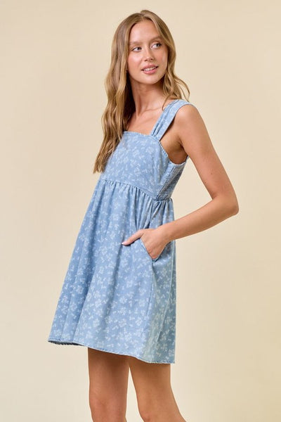Light Denim Floral Chambray Mini Dress