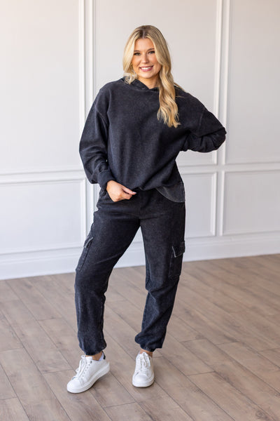 Hooded Corded Crew in Black