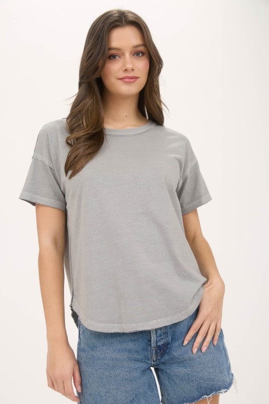 Grey Exposed Seam Raw Edge Short Sleeve Top