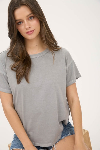Grey Exposed Seam Raw Edge Short Sleeve Top