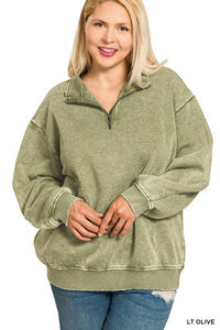 Curvy Light Olive Acid Wash Fleece Half Zip Pullover