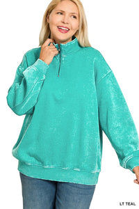 Curvy Light Teal Acid Wash Fleece Half Zip Pullover