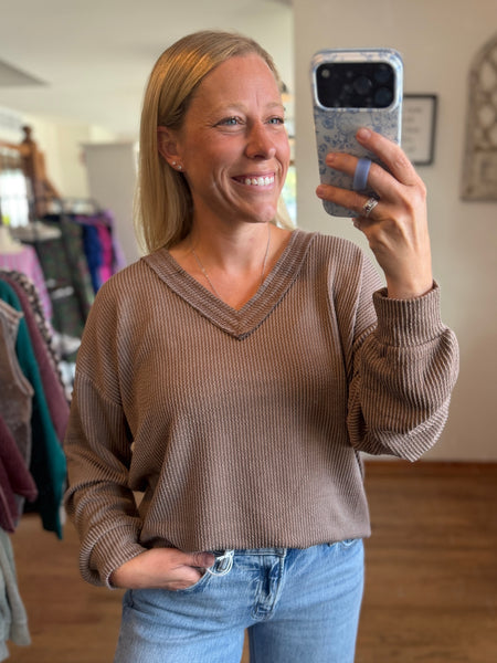 Mocha Raw Edge V-Neck Long Sleeve Textured Knit Top