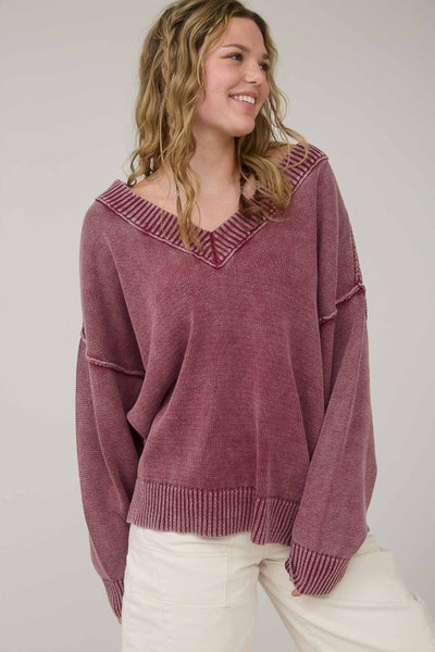 Burgundy Mineral Wash V-Neck Oversized Sweater