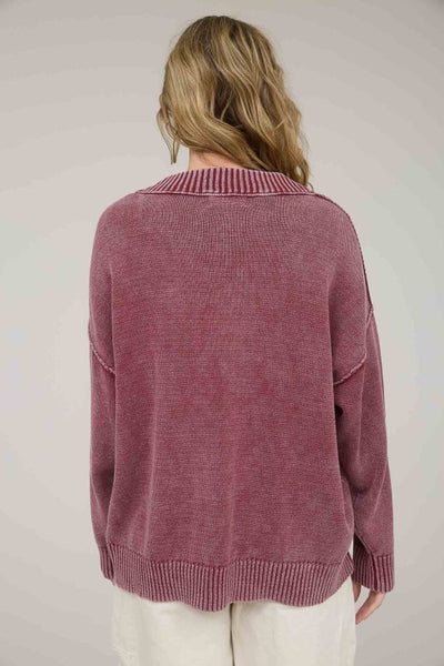 Burgundy Mineral Wash V-Neck Oversized Sweater