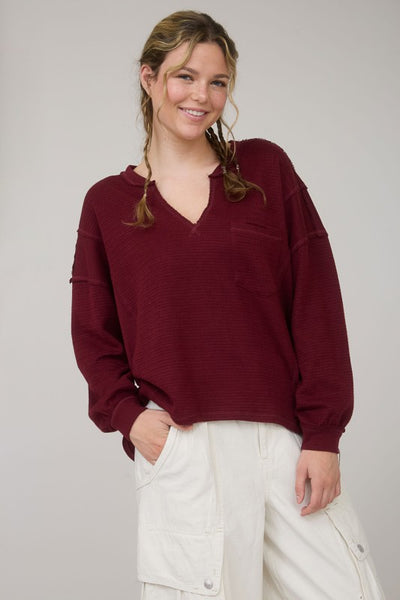 Burgundy V-Neck Textured Top
