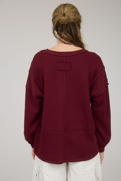 Burgundy V-Neck Textured Top