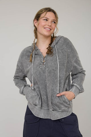 Black Mineral Wash Hooded Henley Top