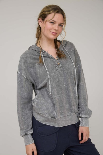 Black Mineral Wash Hooded Henley Top