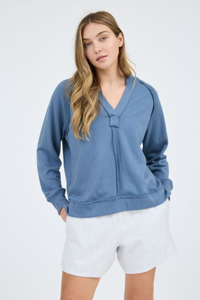 Dusty Blue Raw Edge Hooded Top