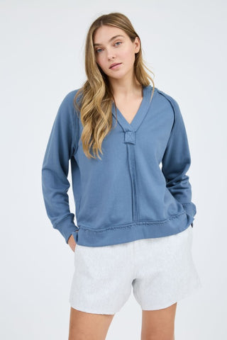 Dusty Blue Raw Edge Hooded Top