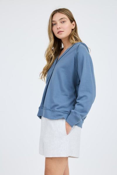 Dusty Blue Raw Edge Hooded Top