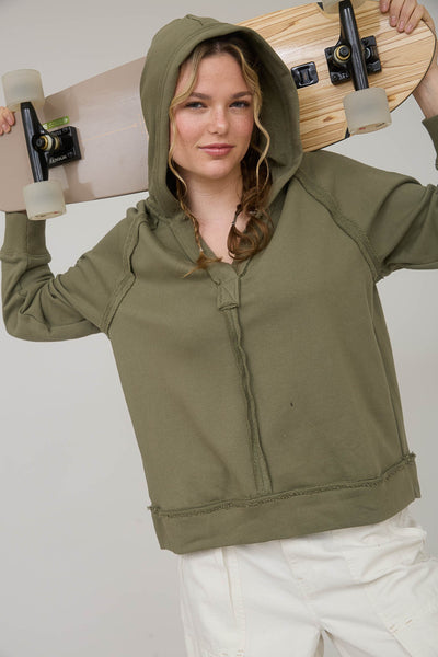 Olive Raw Edge Hooded Top