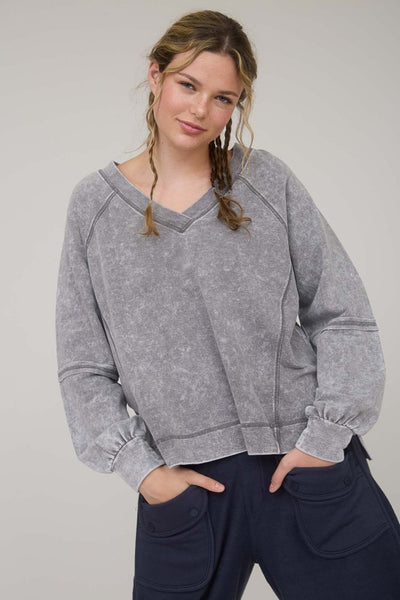 Washed Grey V-Neck Top