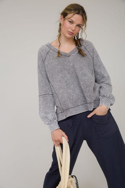 Washed Grey V-Neck Top