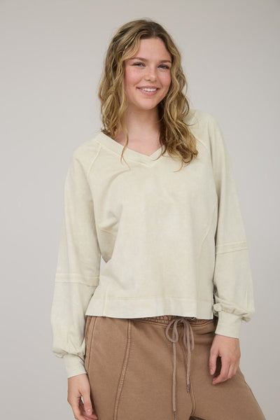 Washed Oatmeal V-Neck Top