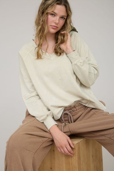 Washed Oatmeal V-Neck Top