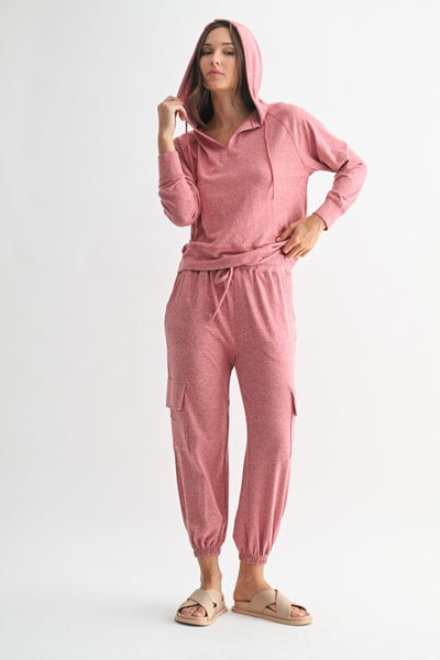Garnet Red Brushed Hacci Cargo Jogger Pants
