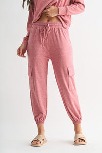 Garnet Red Brushed Hacci Cargo Jogger Pants