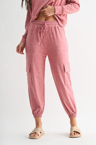 Garnet Red Brushed Hacci Cargo Jogger Pants