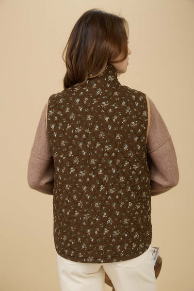 Chocolate Floral Quilted Puffer Vest