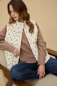 Cream & Burgundy Floral Quilted Puffer Vest