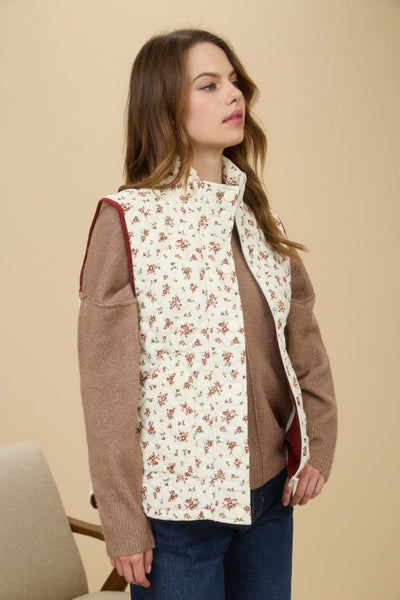 Cream & Burgundy Floral Quilted Puffer Vest