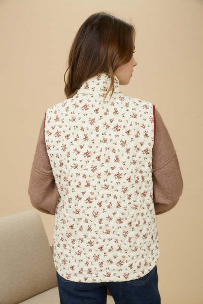 Cream & Burgundy Floral Quilted Puffer Vest