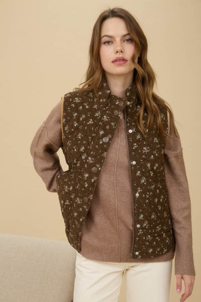 Chocolate Floral Quilted Puffer Vest