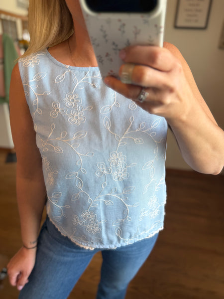 Baby Blue Embroidered Floral Tank Top
